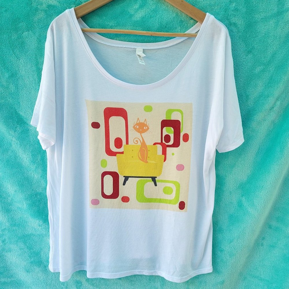 NEW mid-century modern inspired scoop neck cat graphic t-shirt size L